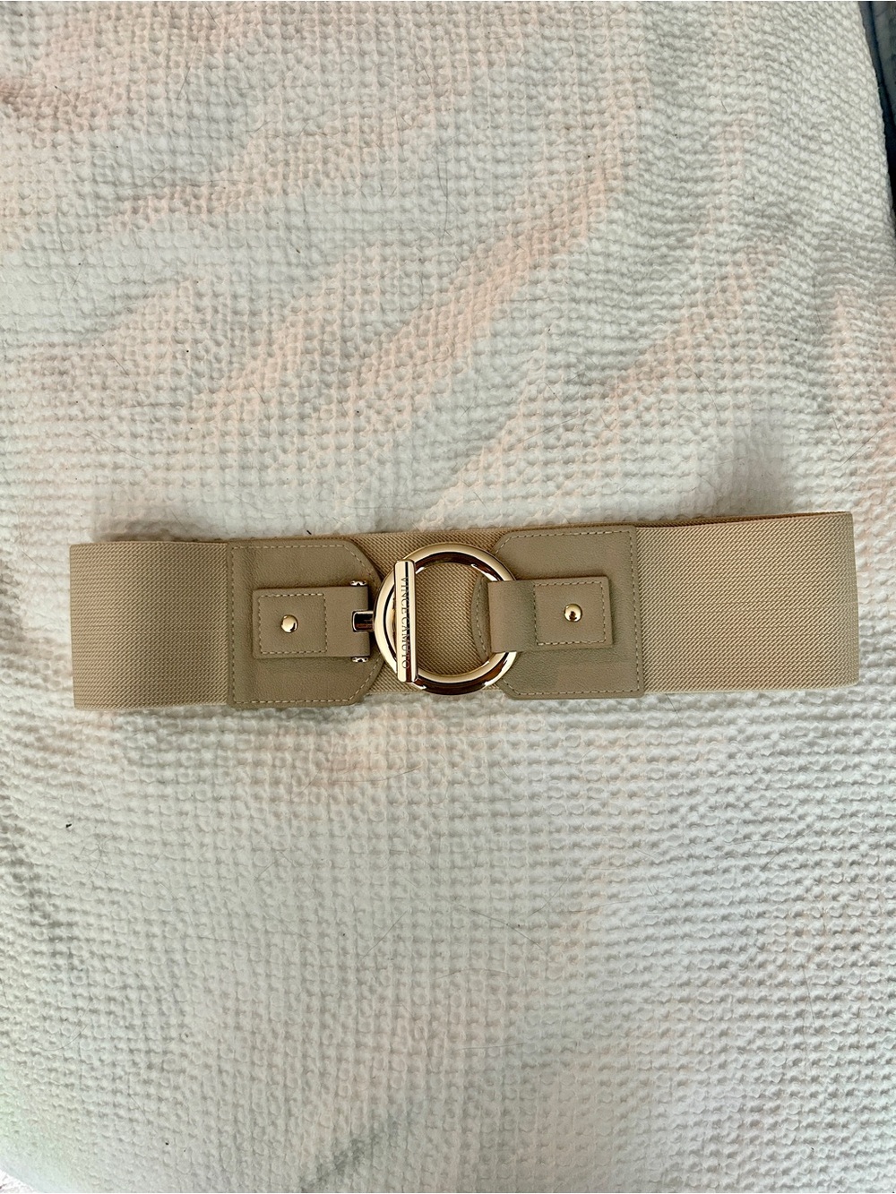 Vince Camuto Beige Wide Elastic Waist Belt with Gold Ring Buckle